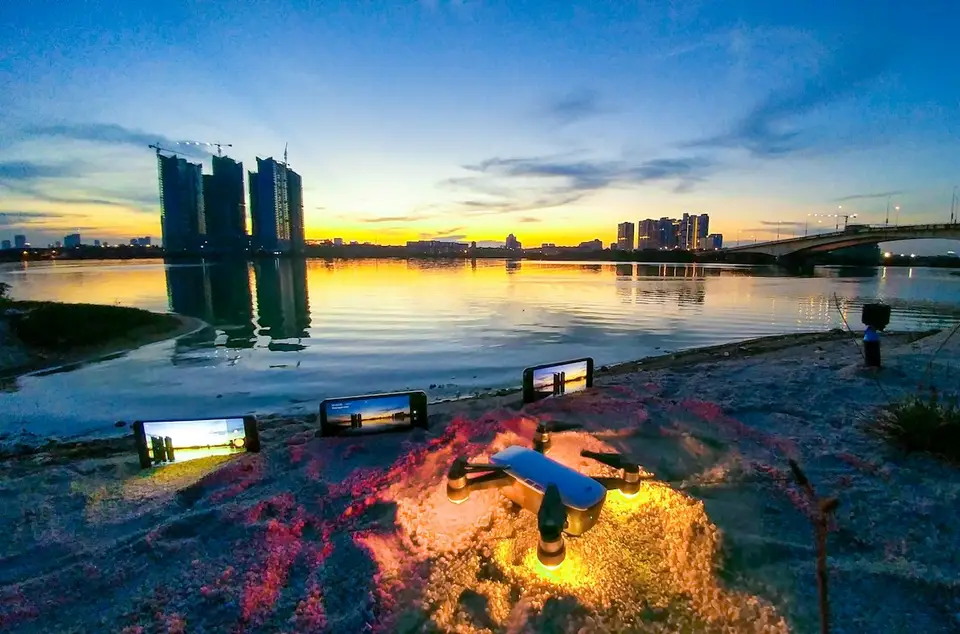 Johor Bahru waterfront and bridge at sunset